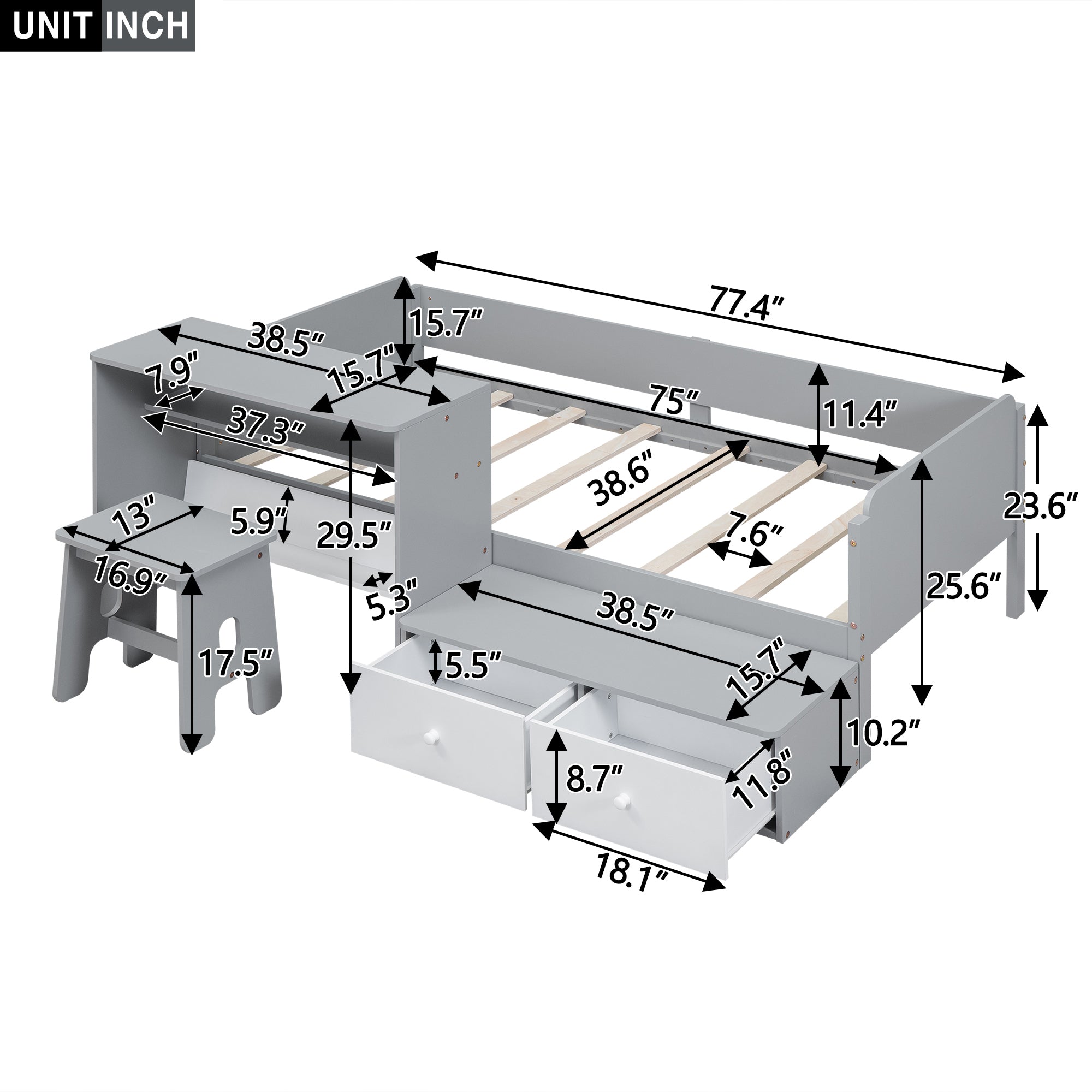 Wood Twin Size Platform Bed with 2 Drawers and 1 Chair&Desk Set, Gray+White - Atlantic Fine Furniture Melbourne FL