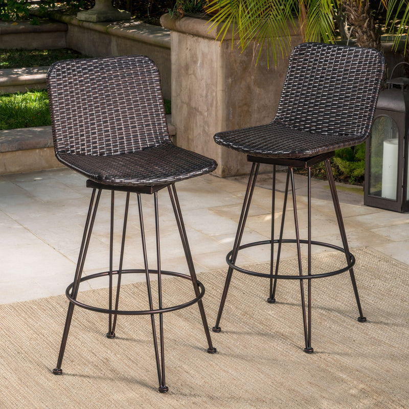 Outdoor Rattan Barstools With Black Brush Copper Iron Frame (Set of 2) - Multi Brown