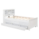 Twin Size Platform Bed with Storage Headboard, USB, Twin Size Trundle and 3 Drawers, White