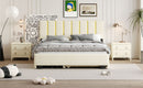 Upholstered Platform Bed With 2 Drawers And 1 Trundle, Classic Strip Headboard Design