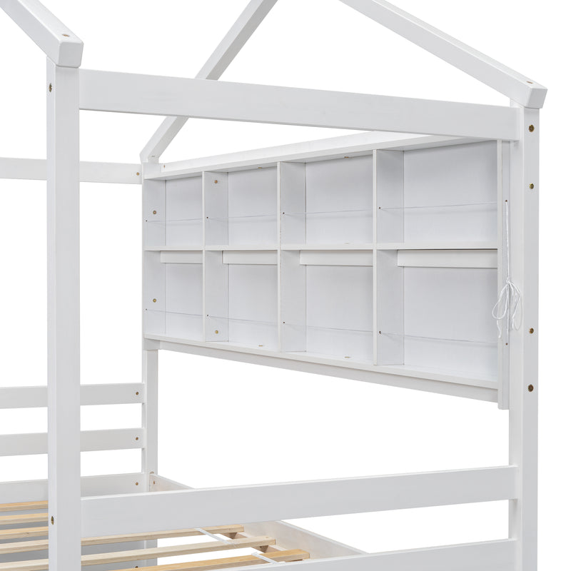 Twin House Bed with Roof Frame, Bedside-shelves, Under Bed Storage Unit,White