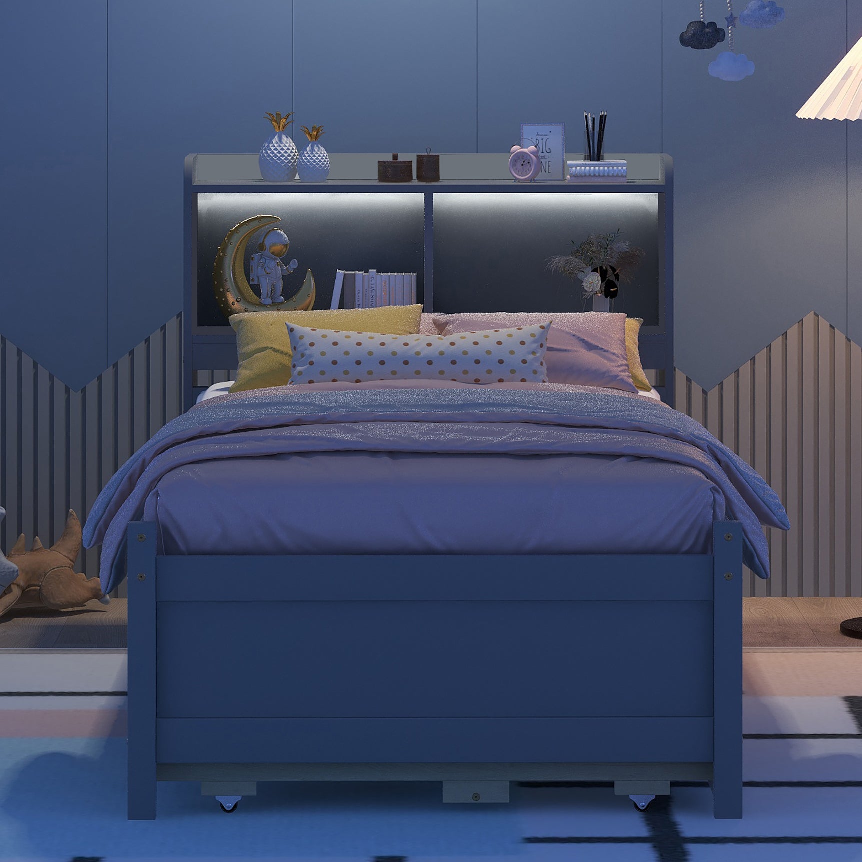 Twin Size Bed with  built-in USB ,Type-C Ports, LED light, Bookcase Headboard, Trundle and 3 Storage Drawers, Twin Size Bed with  Bookcase Headboard, Trundle and Storage drawers ,Grey - Atlantic Fine Furniture Melbourne FL