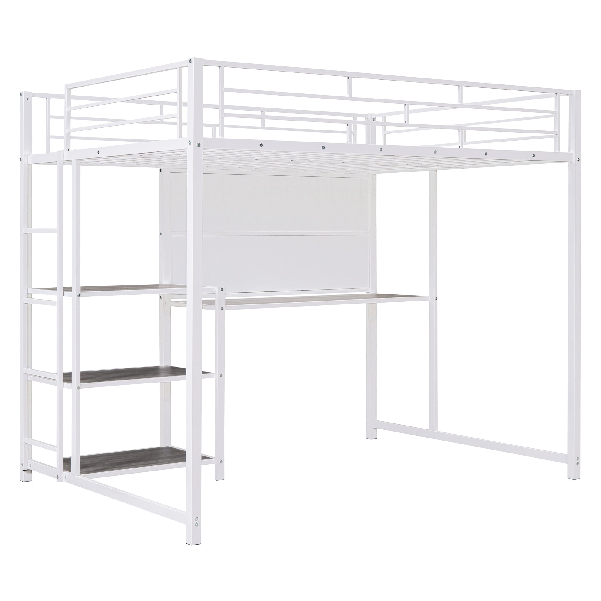 Full Size Loft Bed with Desk and Whiteboard, Metal Loft Bed with 3 Shelves and Ladder, White - Atlantic Fine Furniture Melbourne FL