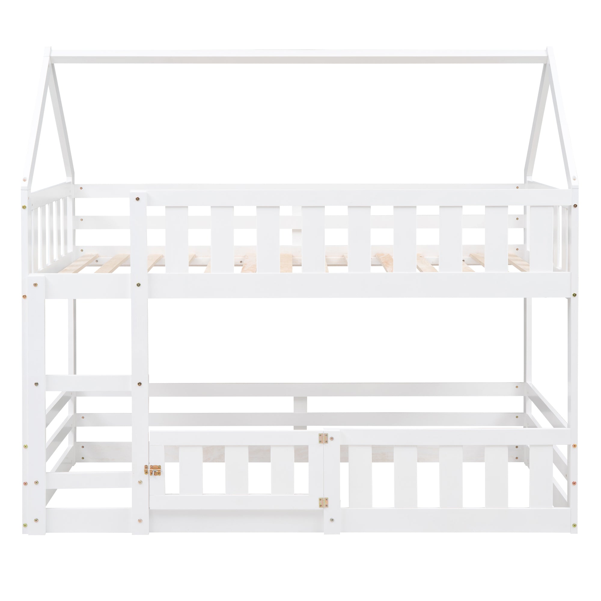 Twin over Twin House Bunk Bed with Fence and Door, White - Atlantic Fine Furniture Melbourne FL