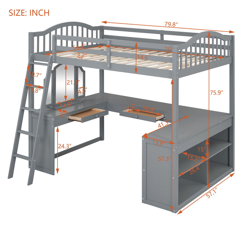 Loft Bed With Drawers, Cabinet, Shelves With Desk