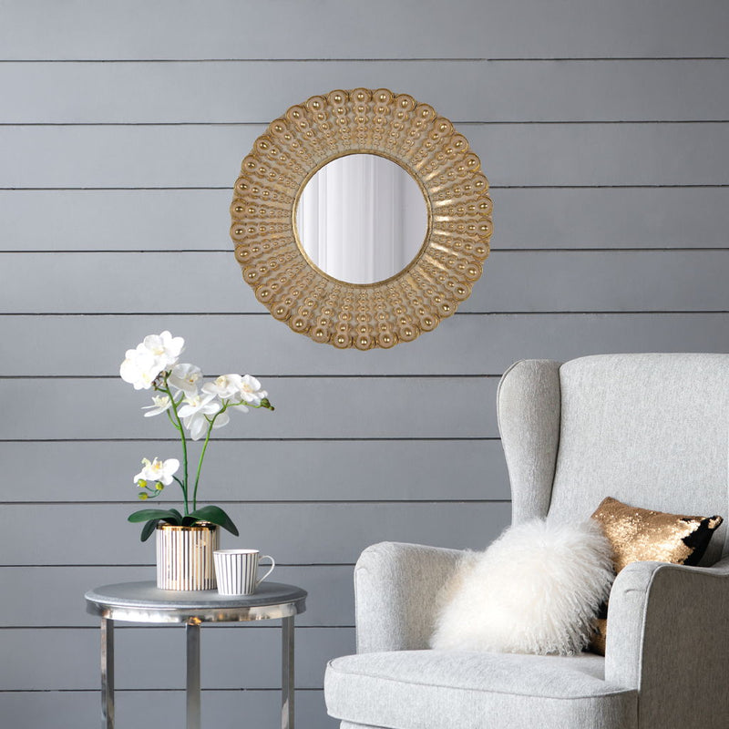 Transitional Beaded Sunburst Mirror, Round Accent Wall Mirror For Living Room, Entryway, Bathroom, Office, Foyer - Gold