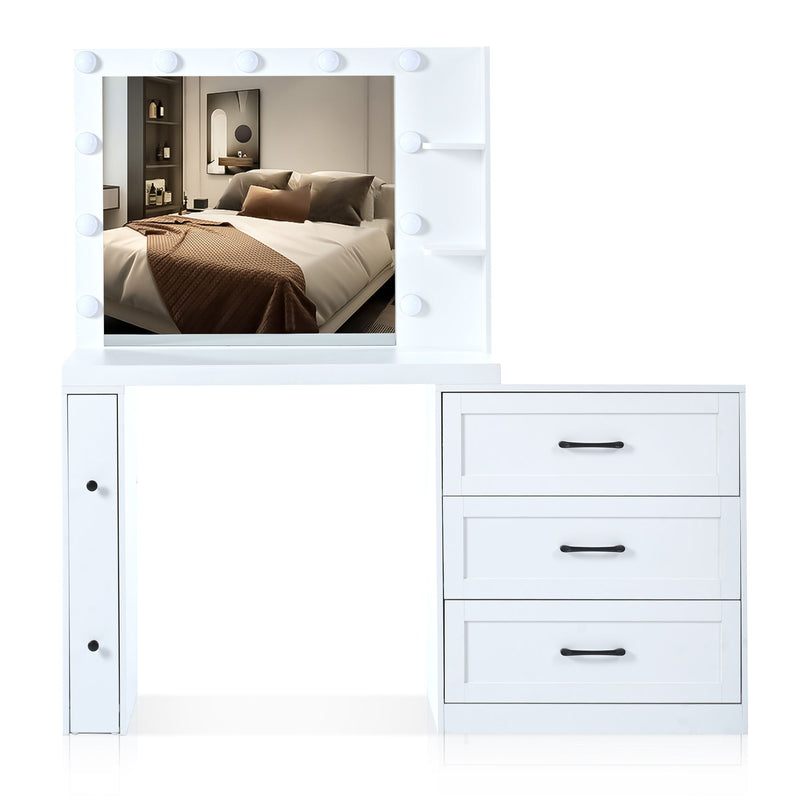 Vanity Desk With Freely Adjustable Side Cabinet, Makeup Vanity With Hollywood Lights, 5 Storage Drawers & 2-Shelves, Modern Dressing Table - White