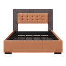 Modern Style Upholstered Queen Platform Bed Frame with Four Drawers, Button Tufted Headboard with PU Leather and Velvet, Two Color, Orange and Brown