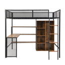Full Size Loft Bed With Built In Desk, Wardrobe, And Shelves - Black