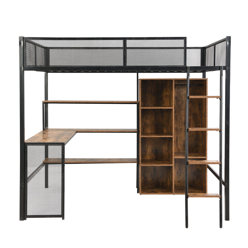 Full Size Loft Bed With Built In Desk, Wardrobe, And Shelves - Black