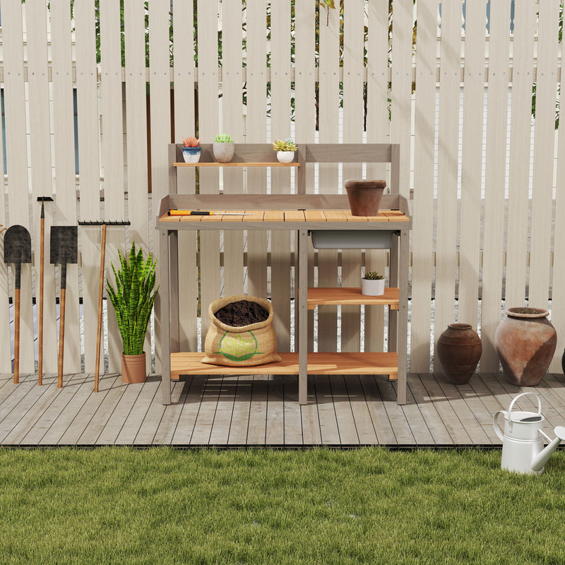 Outdoor Potting - Bench, Workstation Table With Cabinet For Backyard Garden Supplies - Gray / Brown