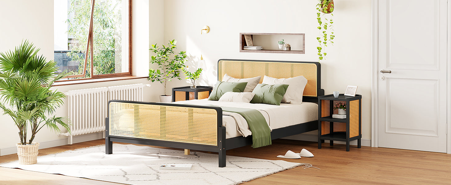 3 Pieces Rattan Platform Full Size Bed With 2 Nightstands,Espresso - Atlantic Fine Furniture Melbourne FL