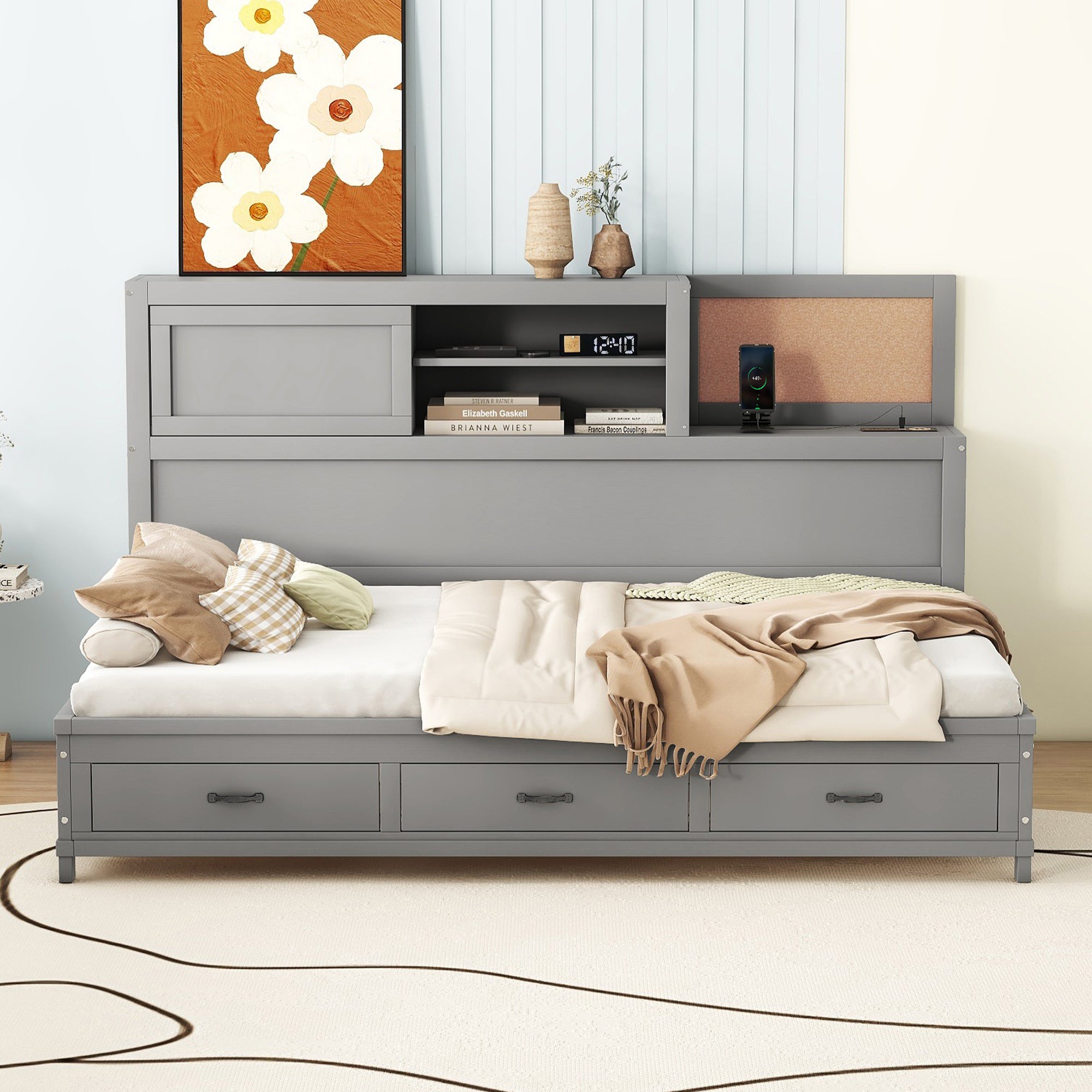 Full Size Wooden Daybed with 3 Storage Drawers, Upper Soft Board, shelf, and a set of Sockets and USB Ports, Gray - Atlantic Fine Furniture Melbourne FL