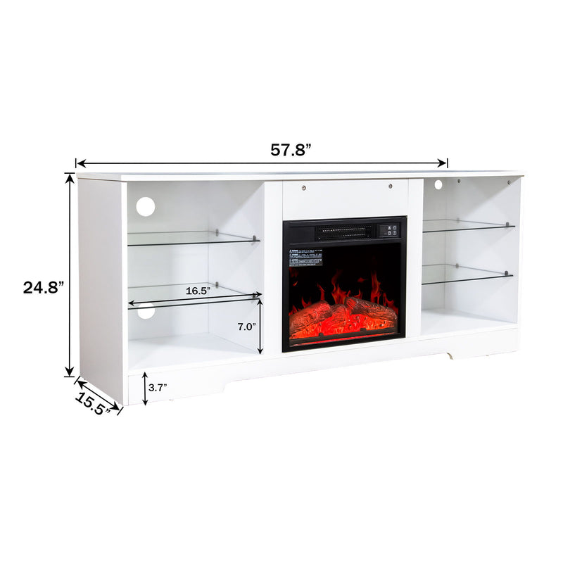 57.8" Fireplace TV Stand With 18" Electric Fireplace Heater, Modern Entertainment Center For TVs Up To 62" With Adjustable Glass Shelves And Storage Cabinets