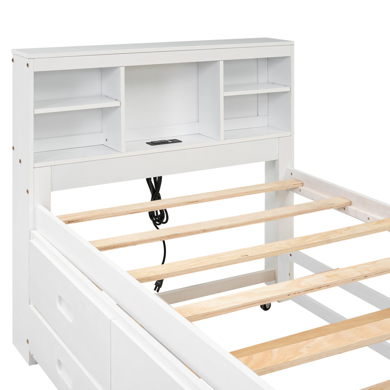 Twin Size Platform Bed with Storage Headboard, USB, Twin Size Trundle and 3 Drawers, White