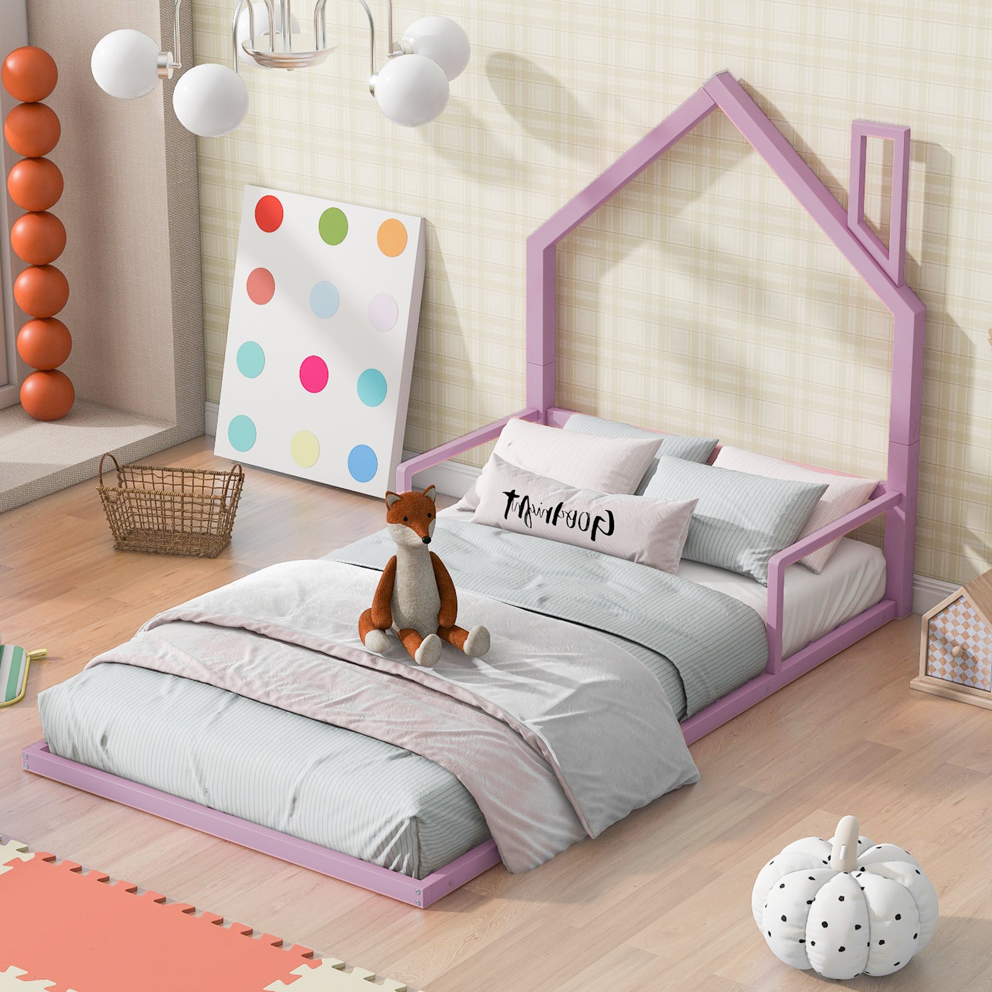 Twin Size Metal Floor Bed with House-shaped Headboard, Pink - Atlantic Fine Furniture Melbourne FL