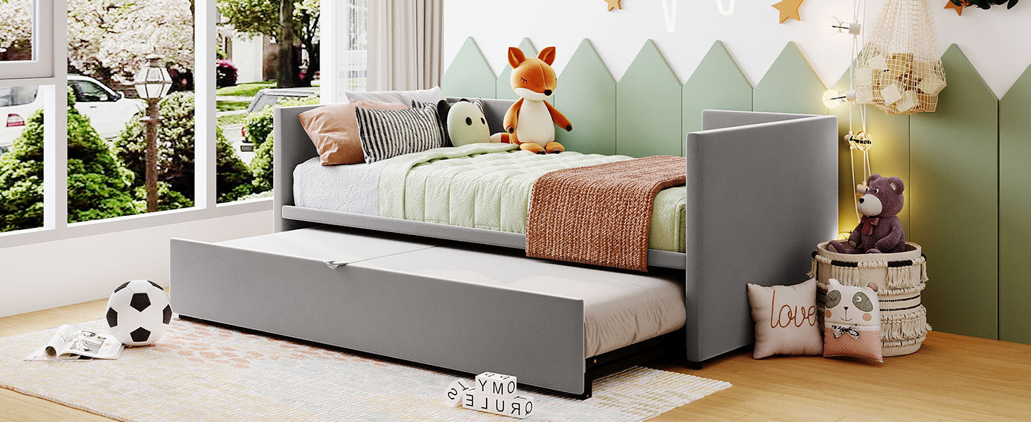 Twin Size Upholstered daybed with Pop Up Trundle, Gray - Atlantic Fine Furniture Melbourne FL