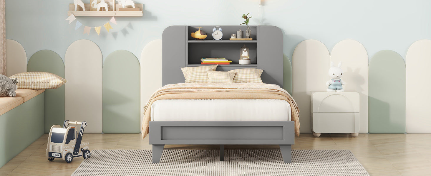 Twin Size Platform Bed with Storage Headboard,Multiple Storage Shelves on Both Sides,Grey - Atlantic Fine Furniture Melbourne FL