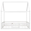 Full Size Wood House Bed with Fence and Door, White Wash