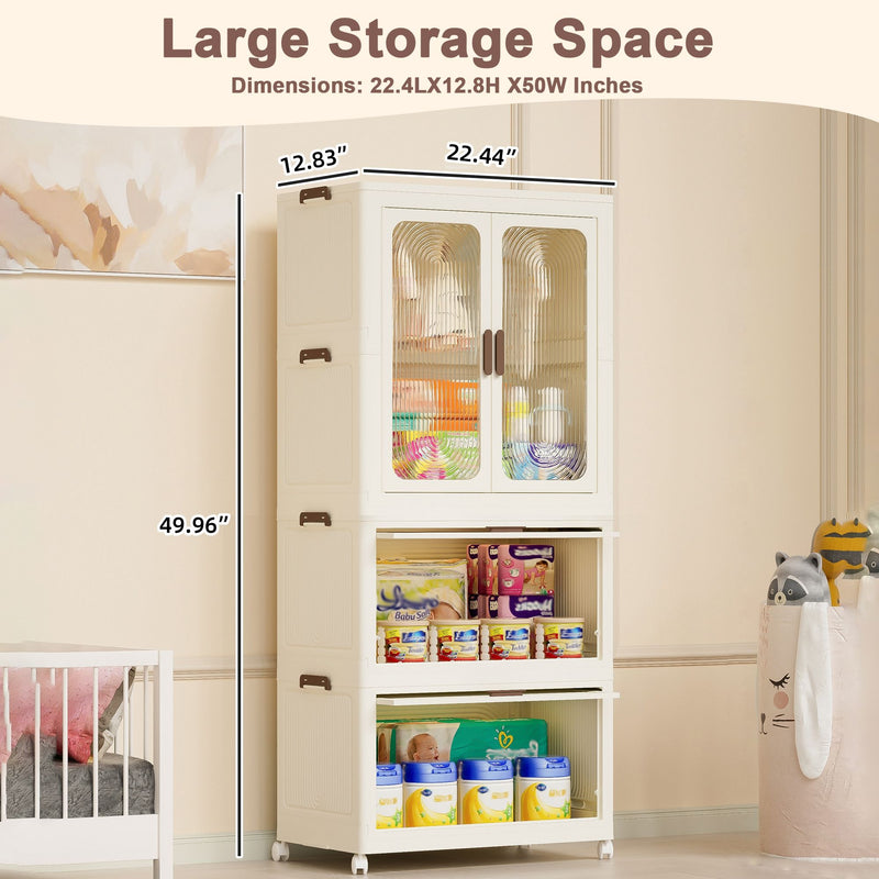 Portable Wardrobe Closet Storage Organizer With Magnetic Doors And Hanging Rod - Cream White