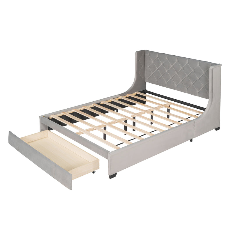 Queen Size Storage Bed Velvet Upholstered Platform Bed with Wingback Headboard and a Big Drawer (Gray)