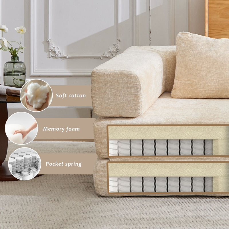 Convertible Floor Sofa Bed With Fixed Shape Frame For Living Room - Beige