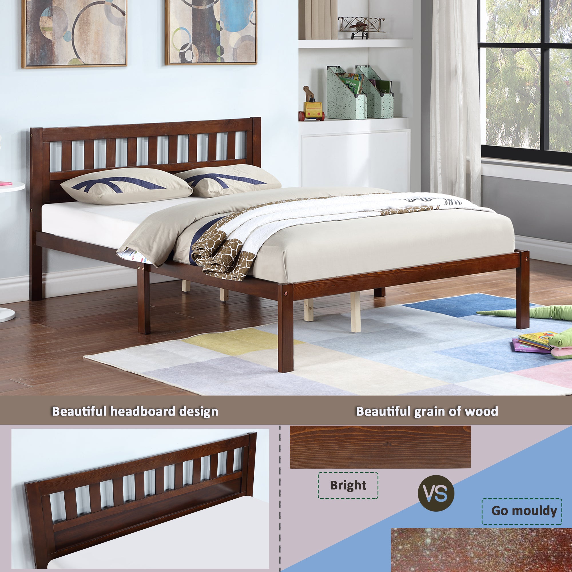 Full Size Bed, Wood Platform Bed Frame with Headboard For Kids, Slatted, Dark Walnut - Atlantic Fine Furniture Melbourne FL
