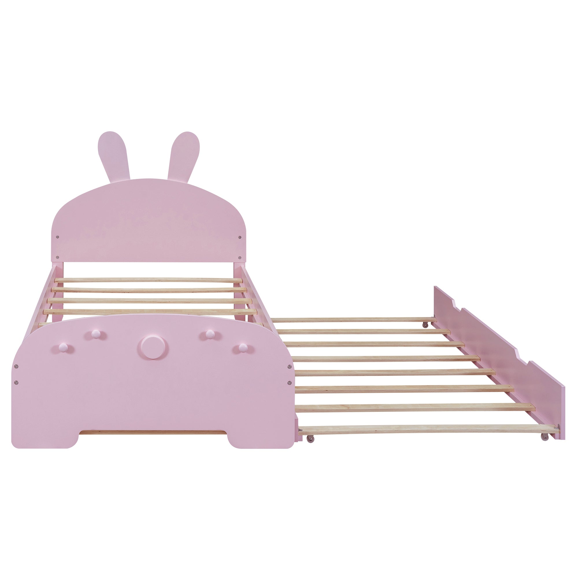 Wood Twin Size Platform Bed with Cartoon Ears Shaped Headboard and Trundle, Pink - Atlantic Fine Furniture Melbourne FL