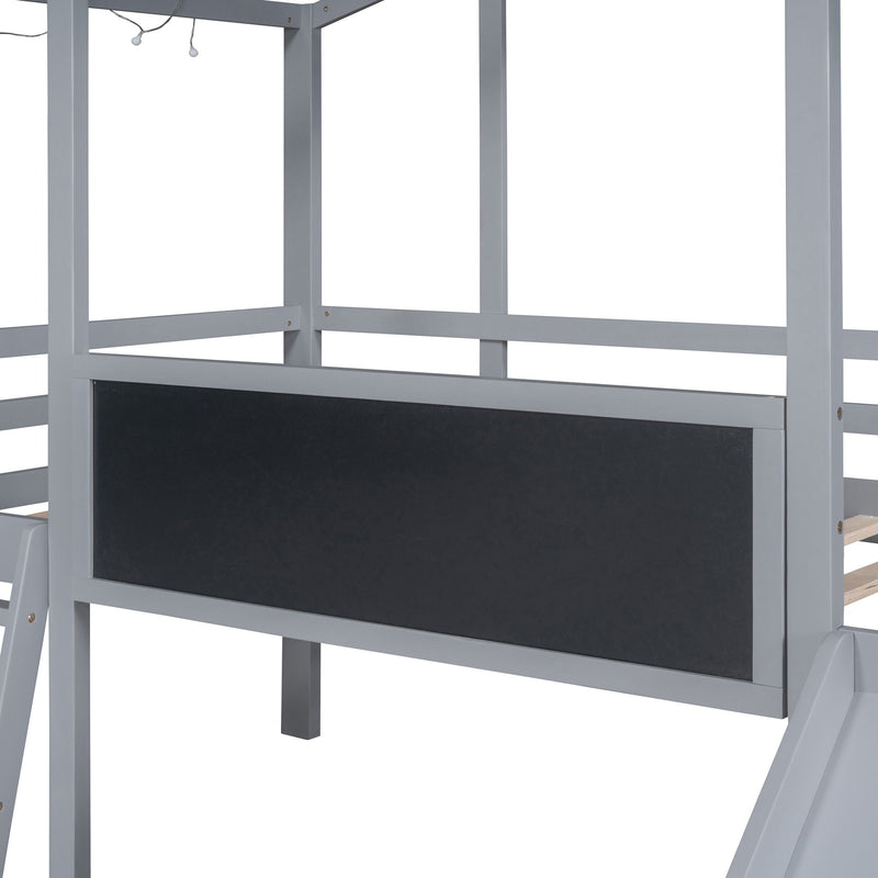 Loft House Bed With Ladder And Slide, With Blackboard And Light Strip On The Roof