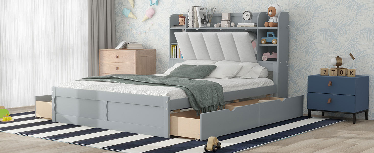 Wood Queen Size Platform Bed with Storage Headboard, Shelves and 4 Drawers, Gray - Atlantic Fine Furniture Melbourne FL