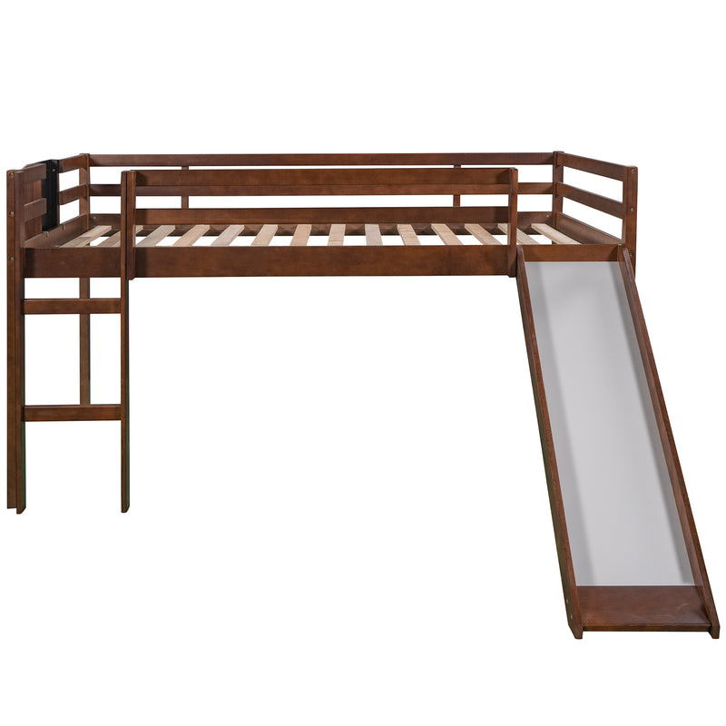 Full size Loft Bed Wood Bed with Slide, Stair and Chalkboard,Walnut（Old SKU:WF282116AAL）