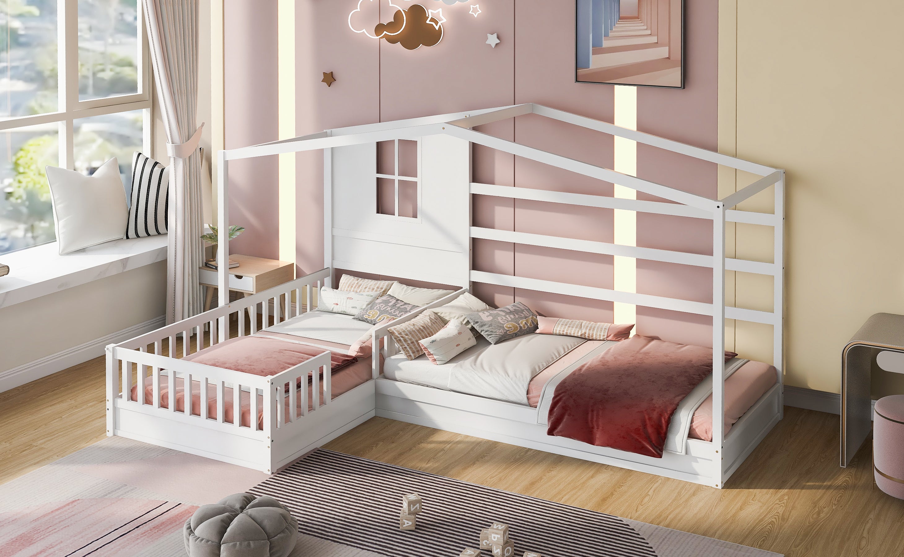 Wood House Bed Twin Size, 2 Twin Solid Bed L structure with fence and slatted frame (White) - Atlantic Fine Furniture Melbourne FL