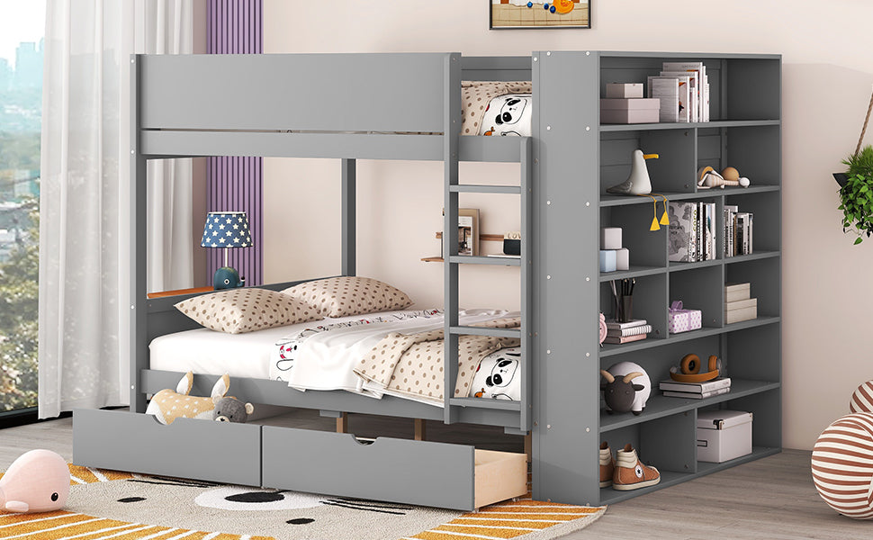 Full over Full Bunk Bed With 2 Drawers and Multi-layer Cabinet, Gray - Atlantic Fine Furniture Melbourne FL