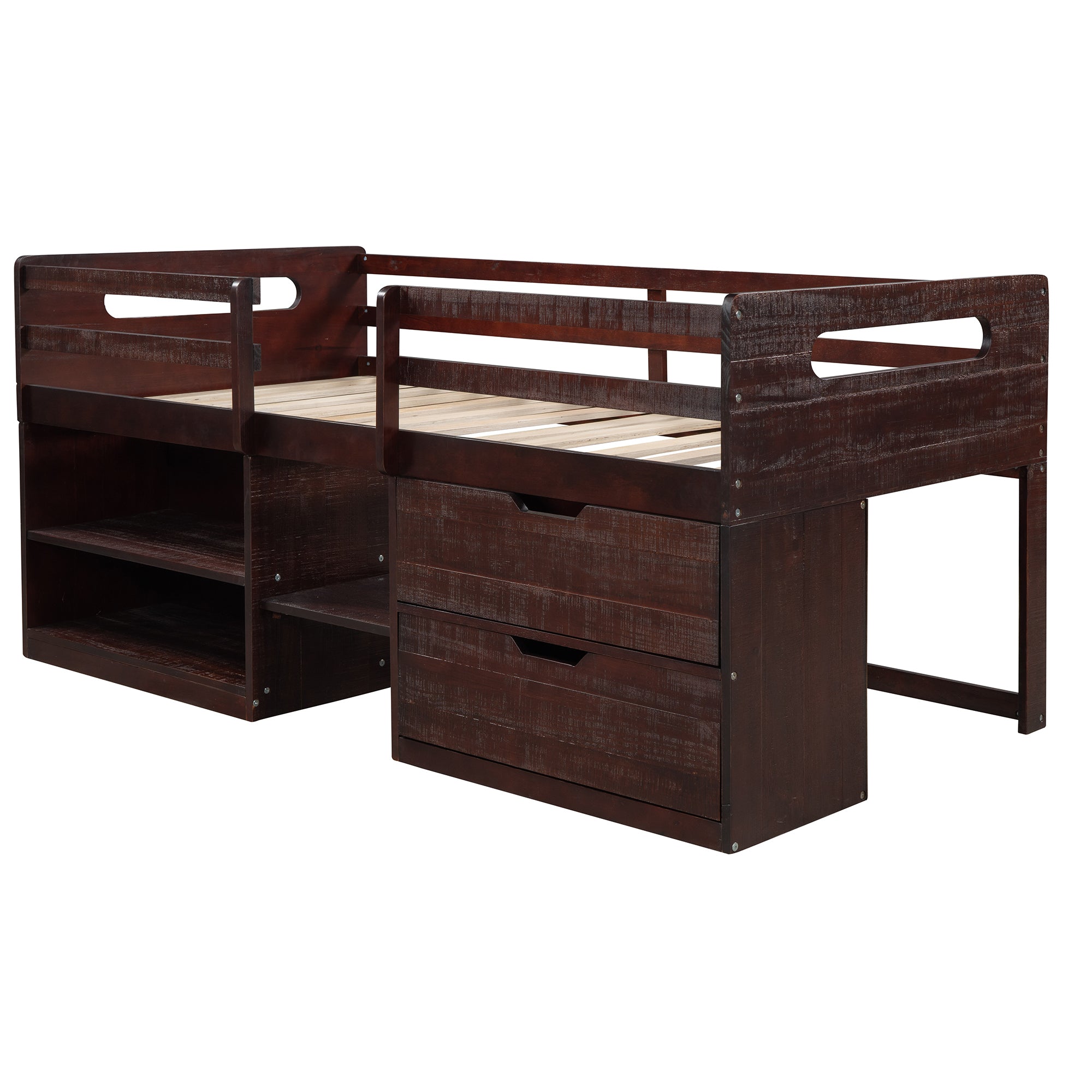 Twin size Loft Bed with Two Shelves and Two drawers (Antique Espresso) - Atlantic Fine Furniture Melbourne FL