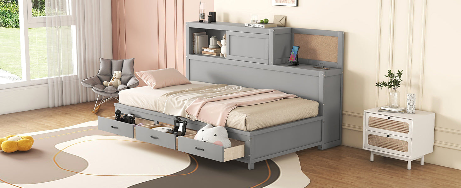 Twin Size Wooden Daybed with 3 Storage Drawers, Upper Soft Board, shelf, and a set of Sockets and USB Ports, Gray - Atlantic Fine Furniture Melbourne FL