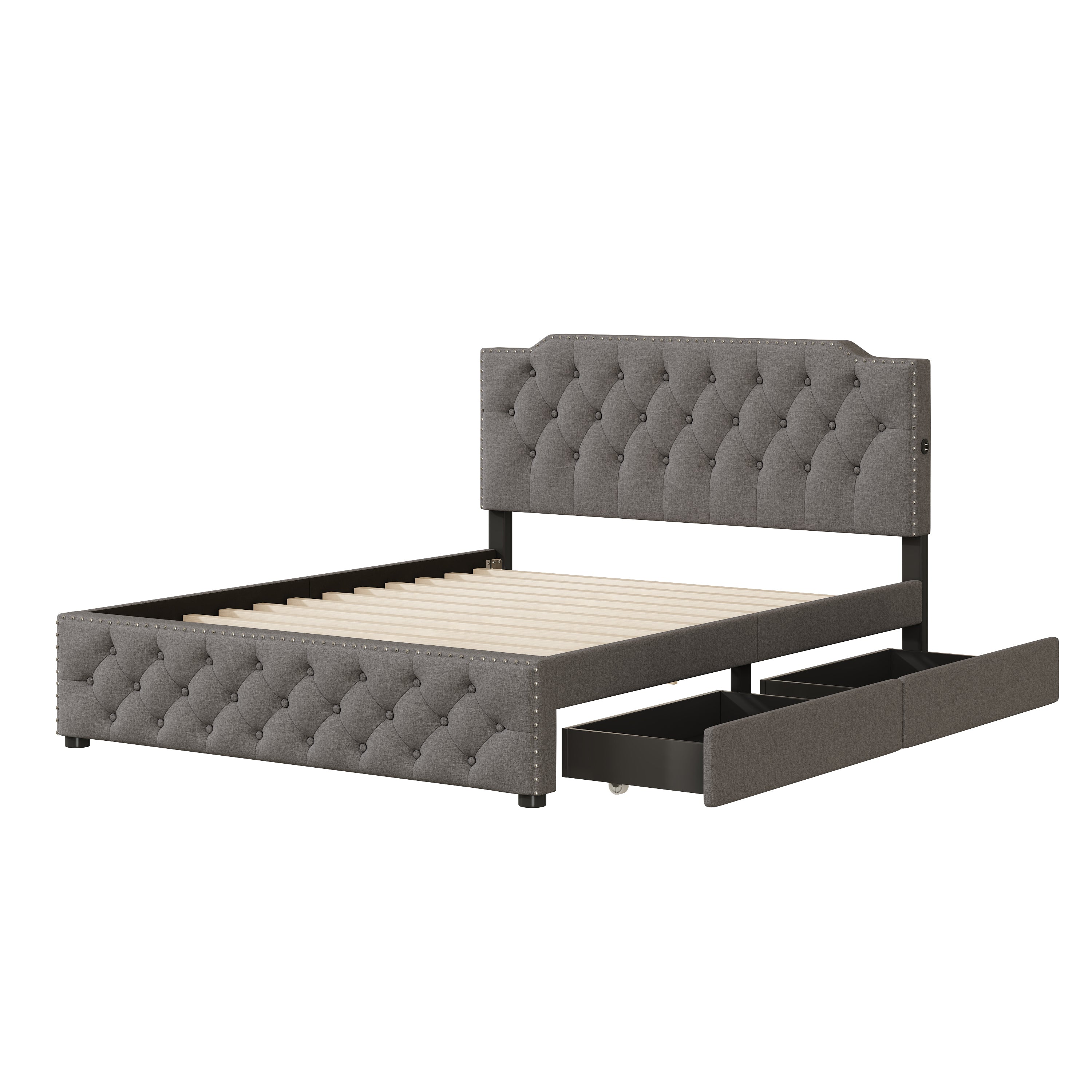 Queen Size Upholstered Platform Bed with 2 Drawers and 2 sets of USB Ports on each side, Linen Fabric, Gray - Atlantic Fine Furniture Melbourne FL