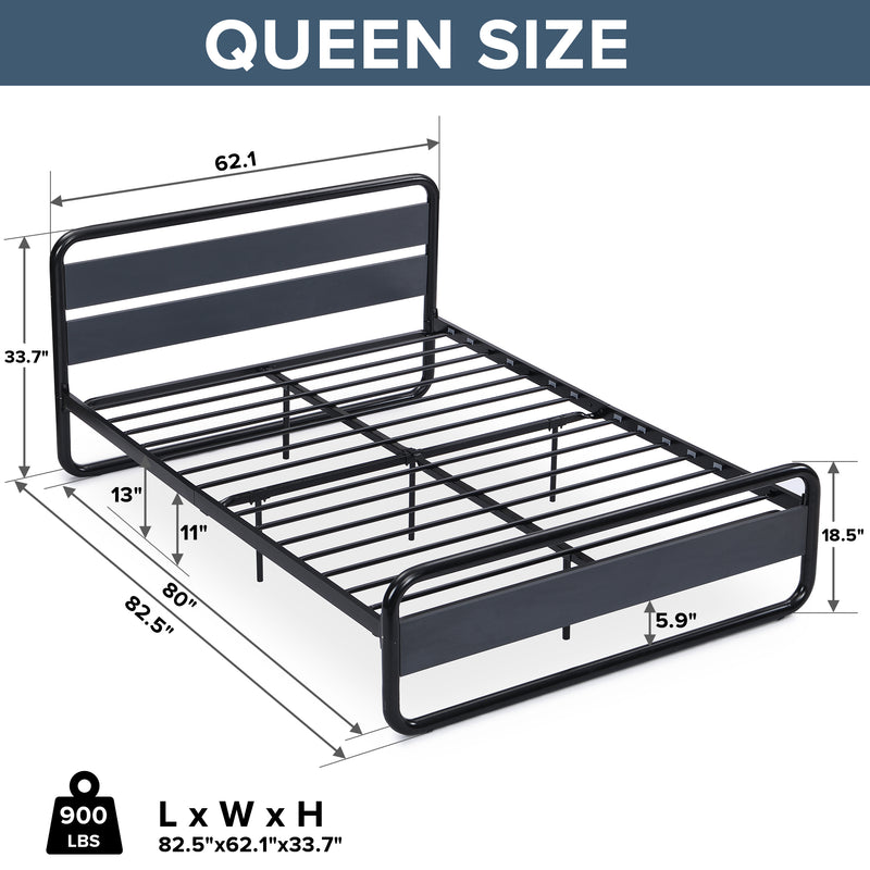 Industrial Platform Queen Bed Frame/Mattress Foundation with Rustic Headboard and Footboard, Strong Steel Slat Support, No Box Spring Needed, Noise Free, Easy Assembly