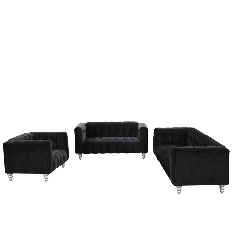 Modern 3 Piece Sofa Set With Solid Wood Legs, Buttoned Tufted Backrest, Dutch Fleece Upholstered Sofa Set Including Three Seater Sofa, Double Seat And Living Room Furniture Set Single Chair