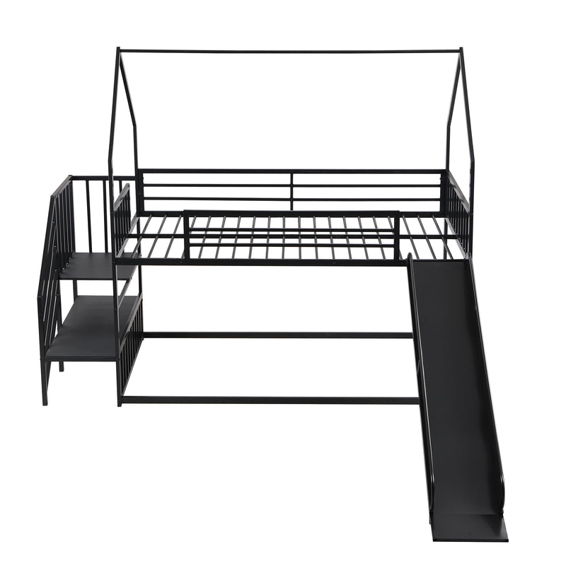 Twin Over Twin Metal Bunk Bed House Bed With Slide And Staircase