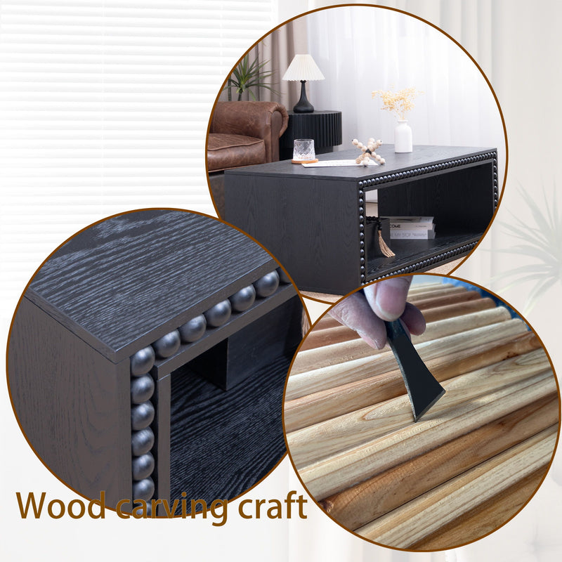 Beaded Edge Coffee Table, Rectangular Center Table With Open Storage Shelf - Black