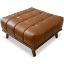Addison Square Genuine Leather Upholstered Ottoman in Antique Brown with Solid Wood Legs, 37x37 Inches