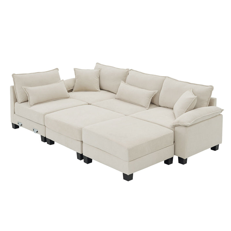 Corduroy Modular Sectional Sofa, U Shaped Couch With Armrest Bags, 6 Seat Freely Combinable Sofa Bed, Comfortable And Spacious Indoor Furniture For Living Room