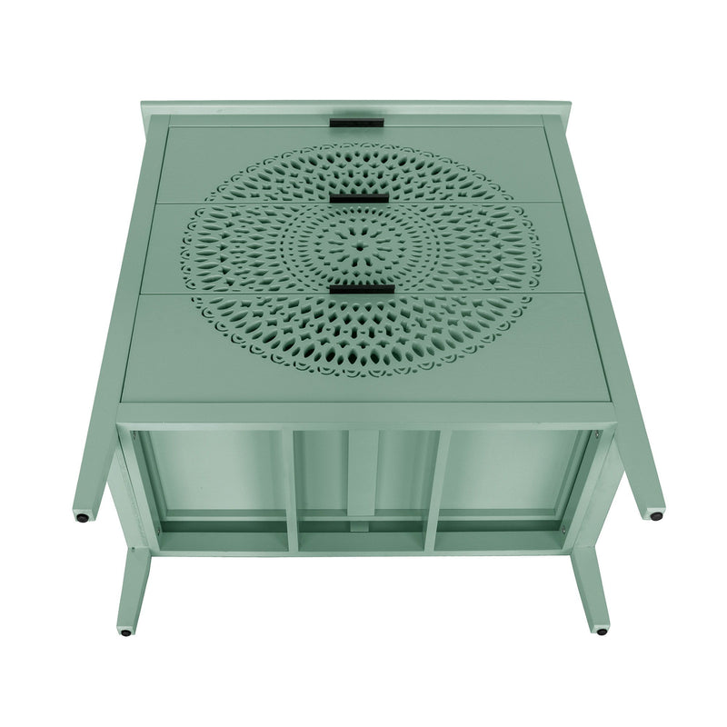 3 Drawer Storage Cabinet With Hollow Carved Design And Metal Handles, Chest For Entryway, Living Room Or Bedroom - Light Green