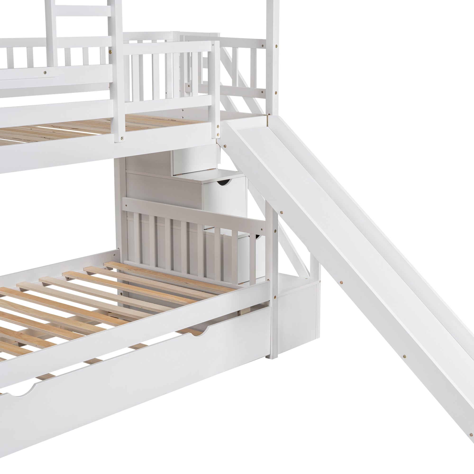 Twin over Twin House Bunk Bed with Trundle and Slide, Storage Staircase, Roof and Window Design, White(Old SKU: GX000931AAK) - Atlantic Fine Furniture Melbourne FL