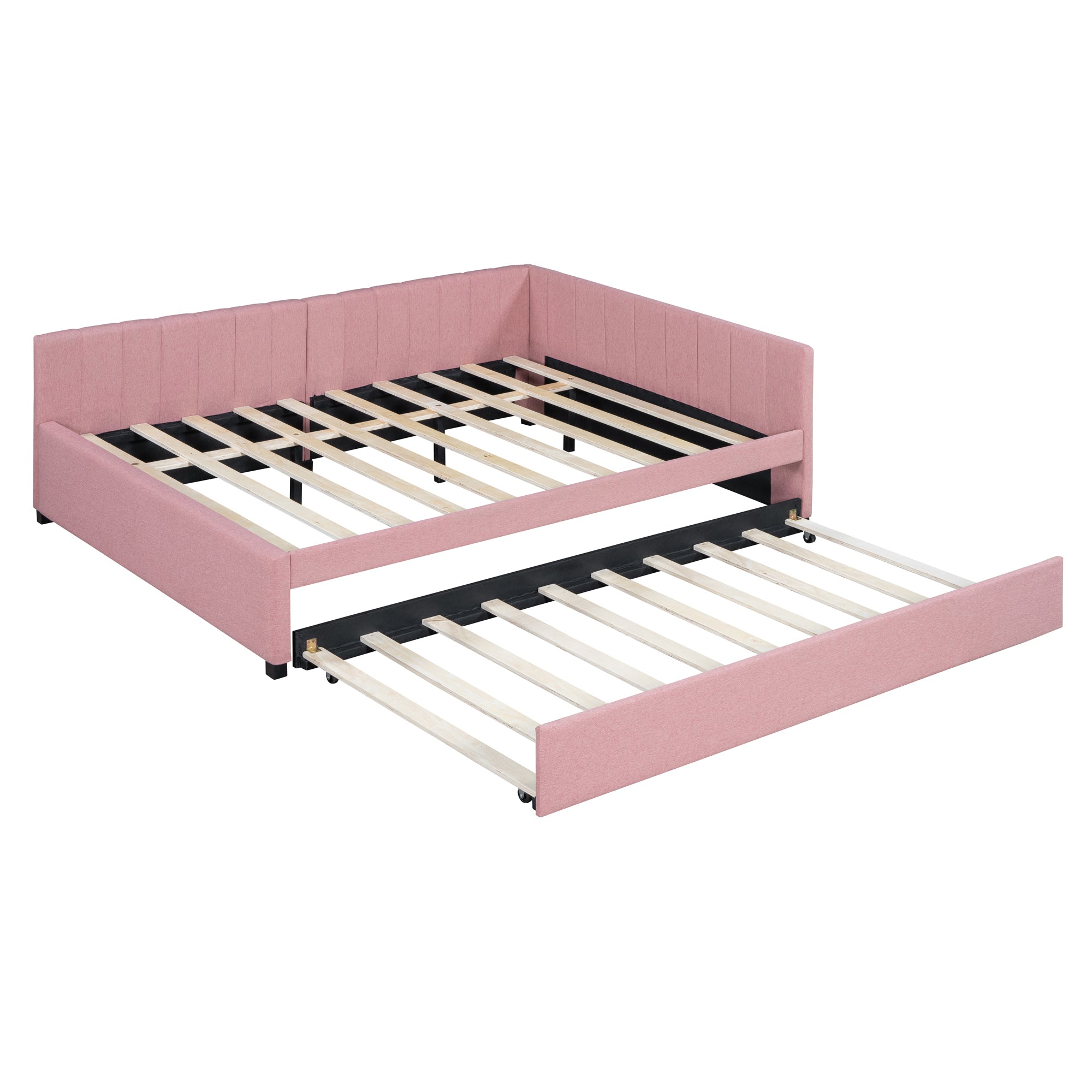 Full Size Upholstered Daybed with Trundle Sofa Bed Frame No Box Spring Needed, Linen Fabric(Pink) - Atlantic Fine Furniture Melbourne FL