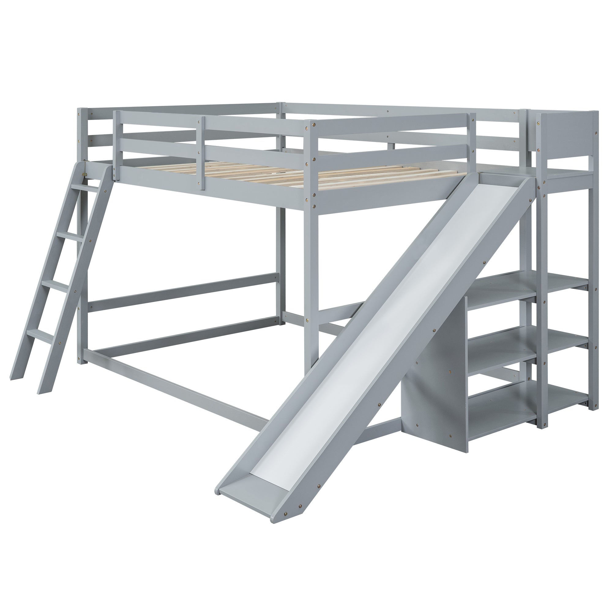 Full over Full Bunk Bed with Ladder, Slide and Shelves, Gray - Atlantic Fine Furniture Melbourne FL