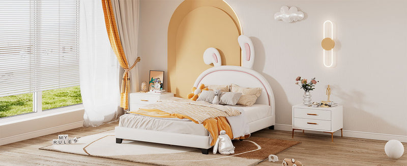 Upholstered Leather Platform Bed With Rabbit Ornament