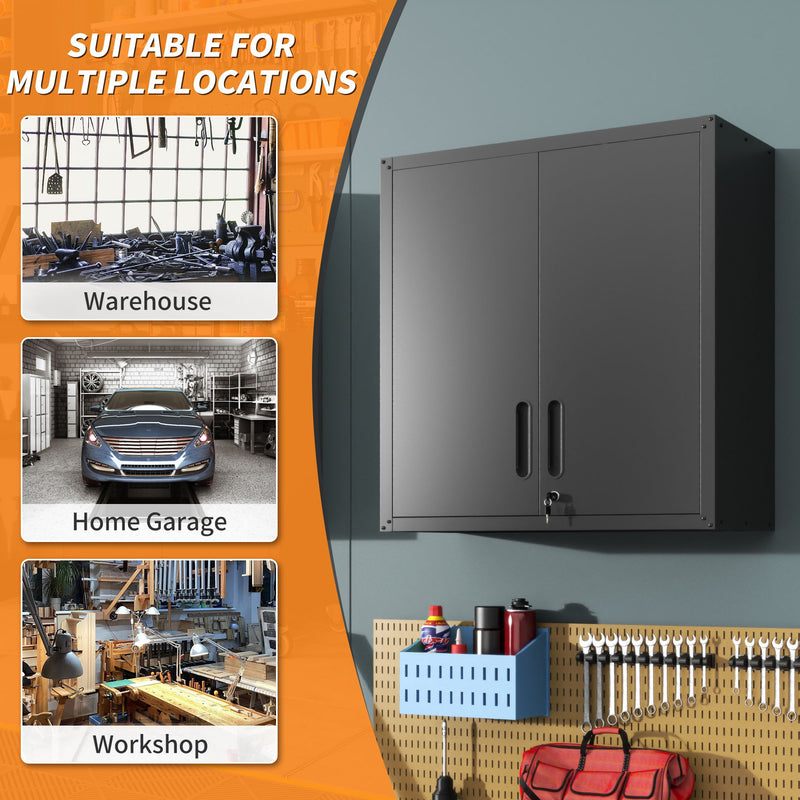 Metal Wall Mounted Tool Storage Cabinet With 2 Locking Doors, Adjustable Shelf, And Drawer