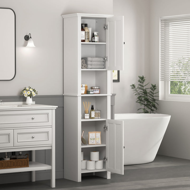 Wooden Bathroom Floor Storage Cabinet With 2 Doors And 6 Shelves - White