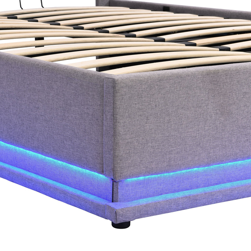 Upholstered Bed With Hydraulic Storage System And LED Light, Modern Platform Bed With Button-Tufted Design Headboard